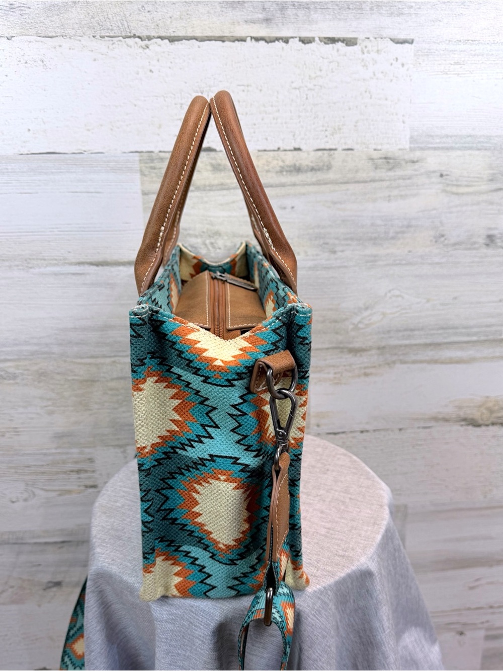 Wrangler Southwestern Aztec Canvas Tote Crossbody Bag Turquoise Western Chic - Picture 10 of 14